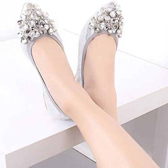 Women Foldable Flats Faux Leather 9.5-10 Slip On Rhinestone Pointed Toe - Picture 5 of 6